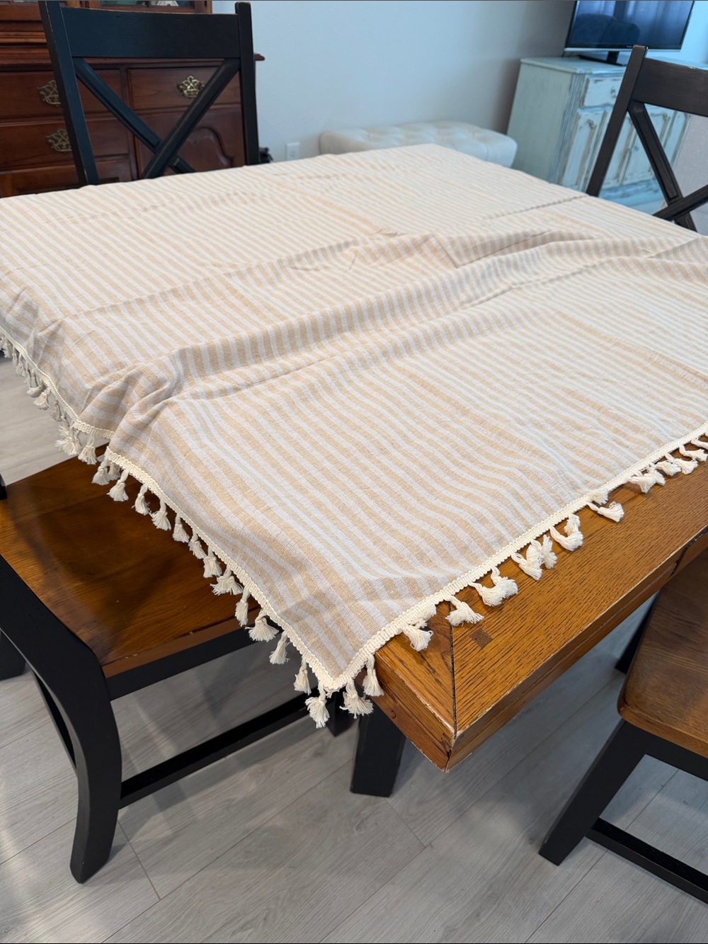 Striped Tassel Tablecloth – Beige & White